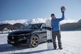 St Moritz, Switzerland -- Britain's fastest snowboarder Jamie Barrow has just broken the Guinness World Record for fastest speed on a snowboard towed by a vehicle; he reaches 151.57 km/h on a frozen lake at the Swiss alpine resort of St Moritz when towed behind the Ferrari-engined Maserati Levante S, thus setting the new world record for the fastest speed for a snowboard towed by a vehicle, according to the World Record Academy.
